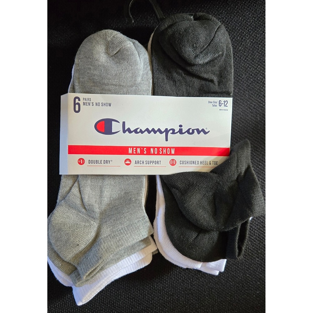 Champion Mens No Show Socks 6 Pair Pack Grey Black White Shoe Size 6-12 CHL72